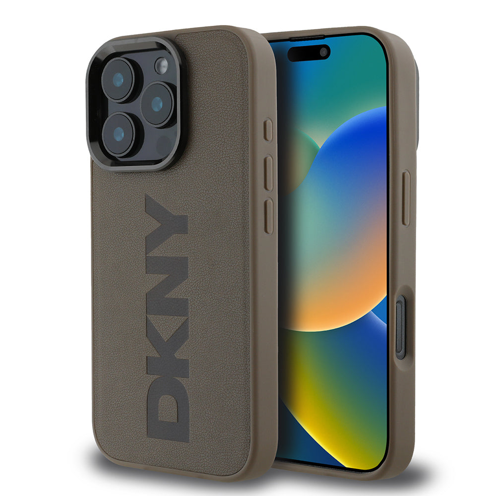 Apple iPhone 16 Pro Kılıf DKNY Orjinal Lisanslı M-safe Şarj Özellikli PU Deri Plain Kapak Kahverengi