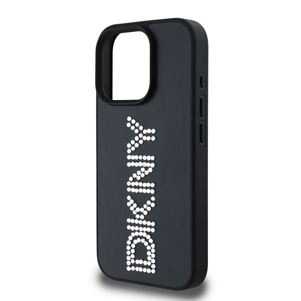 Apple iPhone 16 Pro Case DKNY Original Licensed Stoned DKNY Written Metallic Rhinestones PU Leather Cover Brown