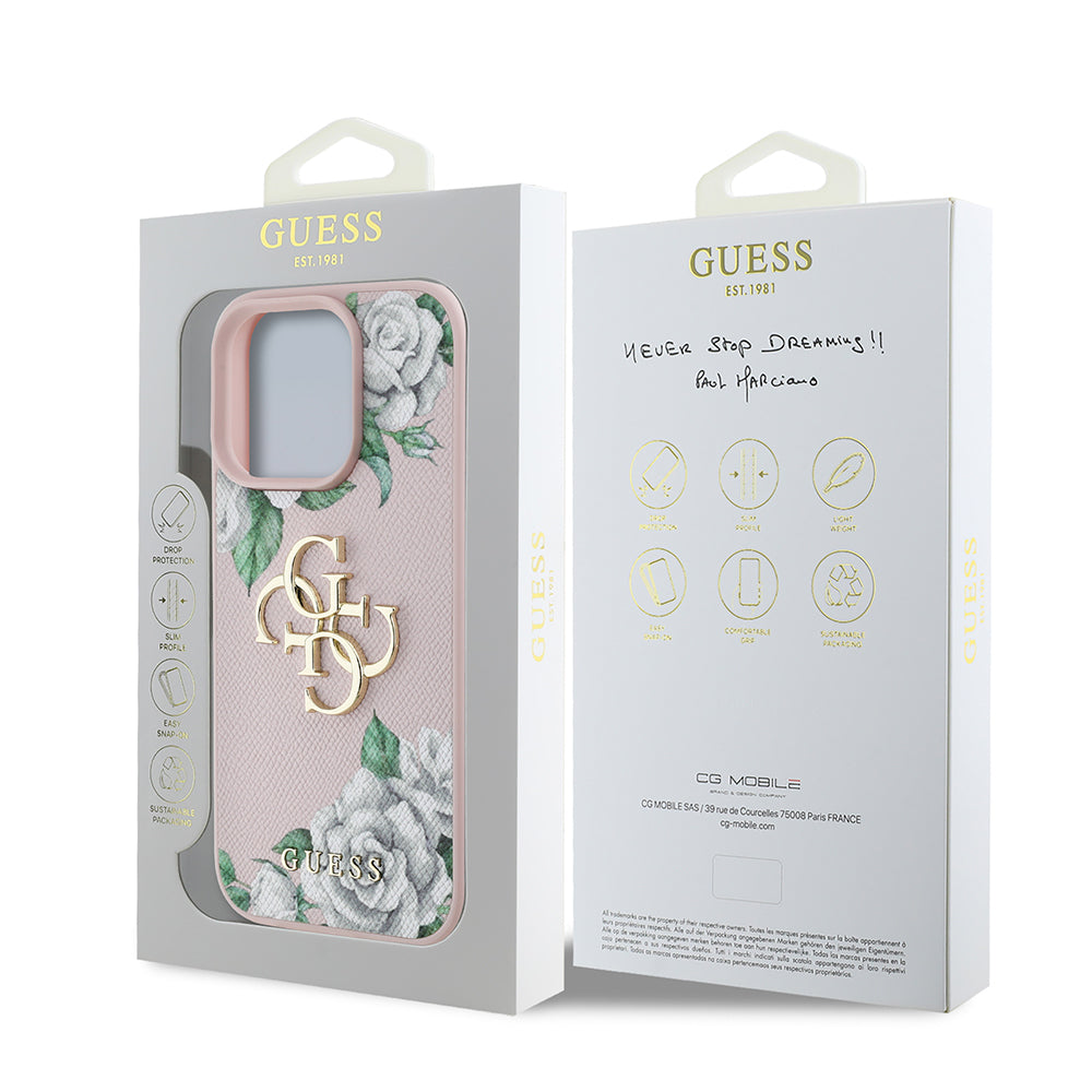 Apple iPhone 16 Pro Case Guess Original Licensed Rose Printed Large Metal Logo Design Cover Black