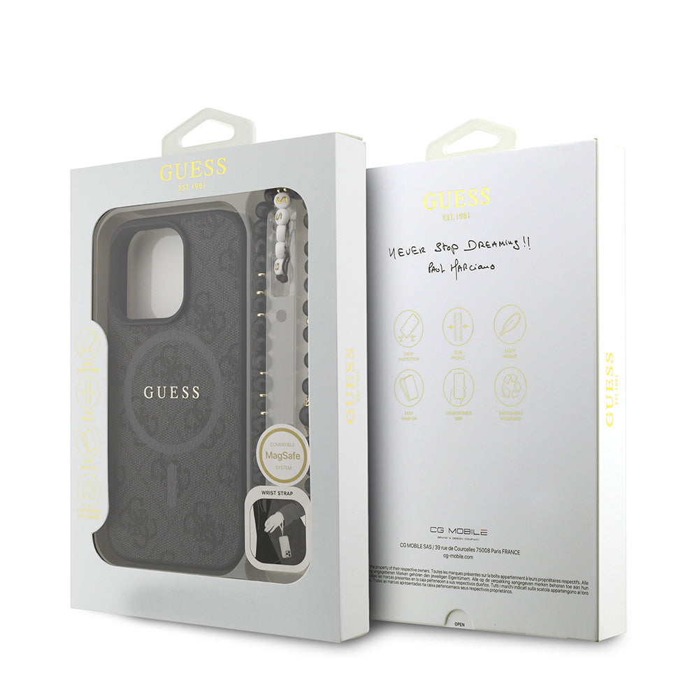 Apple iPhone 16 Pro Kılıf Guess Orjinal Lisanslı M-safe Şarj Özellikli PU Deri Bilek Askı İpli Yazı Logolu Kapak Pembe