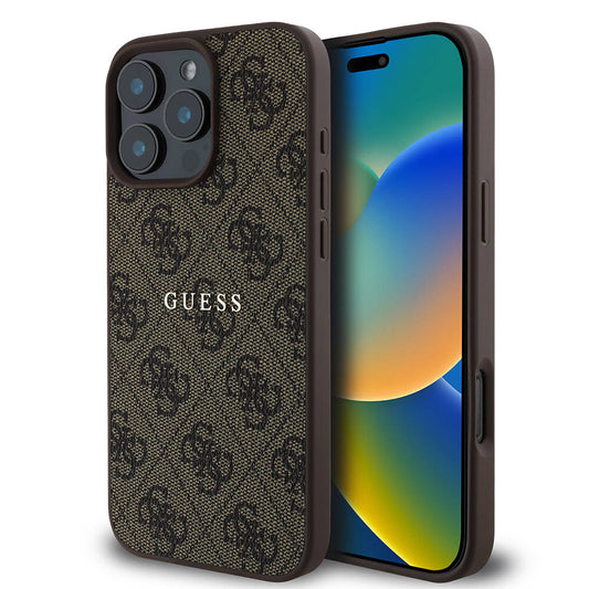Apple iPhone 16 Pro Case Guess Original Licensed M-safe Charging Feature 4G Patterned Text Logo Cover Brown