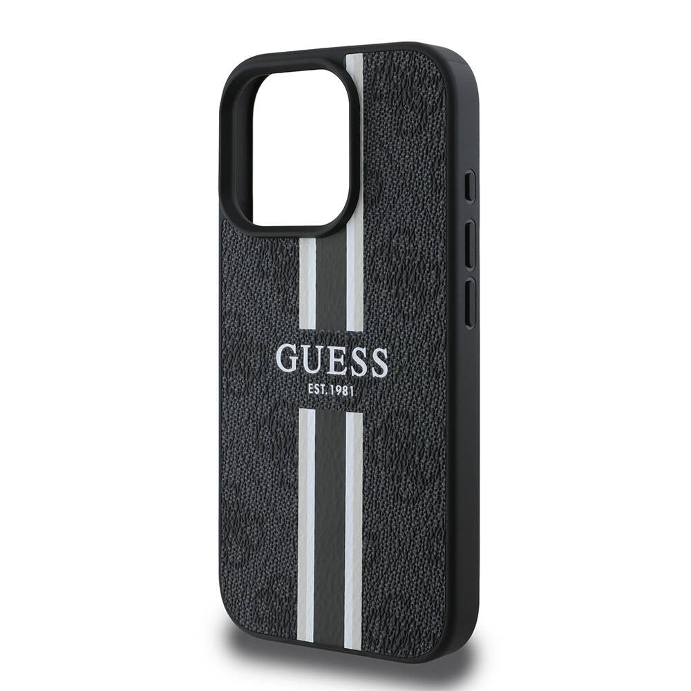 Apple iPhone 16 Pro Case Guess Original Licensed M-safe Charging Feature 4G Stripe Design Printed Cover Brown