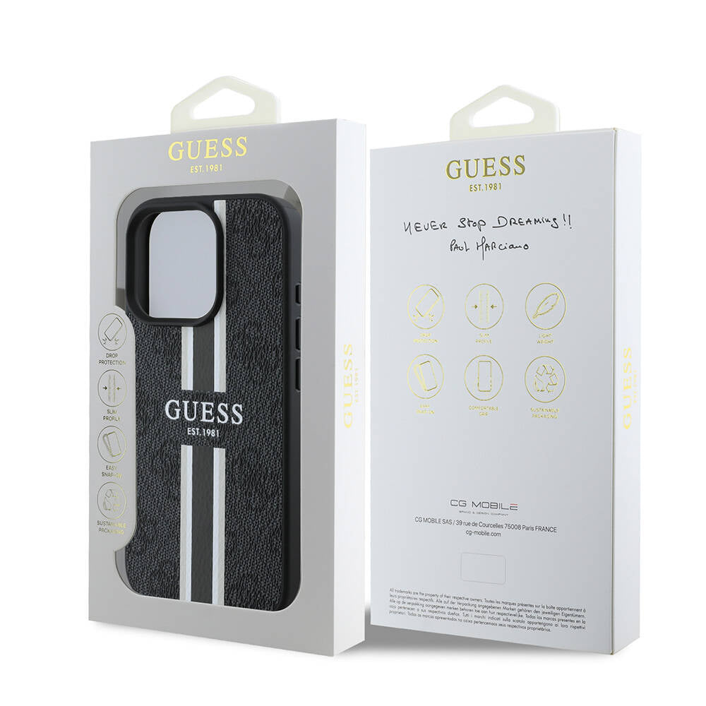 Apple iPhone 16 Pro Case Guess Original Licensed M-safe Charging Feature 4G Stripe Design Printed Cover Black