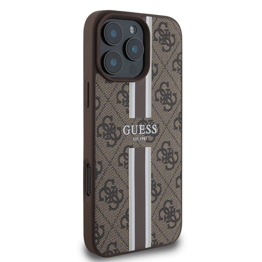 Apple iPhone 16 Pro Case Guess Original Licensed M-safe Charging Feature 4G Stripe Design Printed Cover Brown