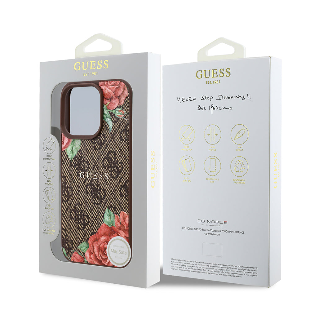 Apple iPhone 16 Pro Case Guess Original Licensed M-safe Charging Feature Rose Printed 4G Patterned Text Logo Cover Black