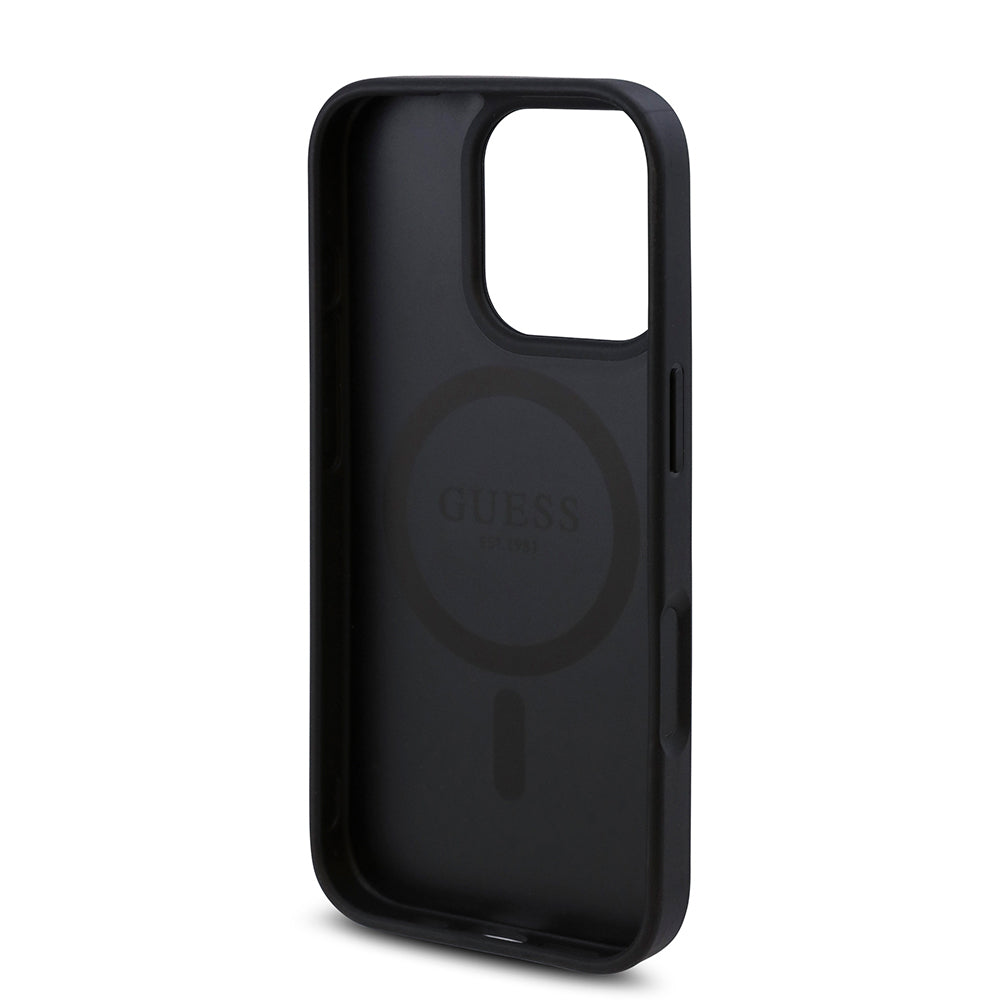 Apple iPhone 16 Pro Case Guess Original Licensed M-safe Charging Feature Rose Printed 4G Patterned Text Logo Cover Black