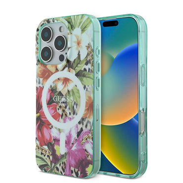 Apple iPhone 16 Pro Kılıf Guess Orjinal Lisanslı M-safe Şarj Özellikli IML Baskılı Jungle Ring Kapak Yeşil