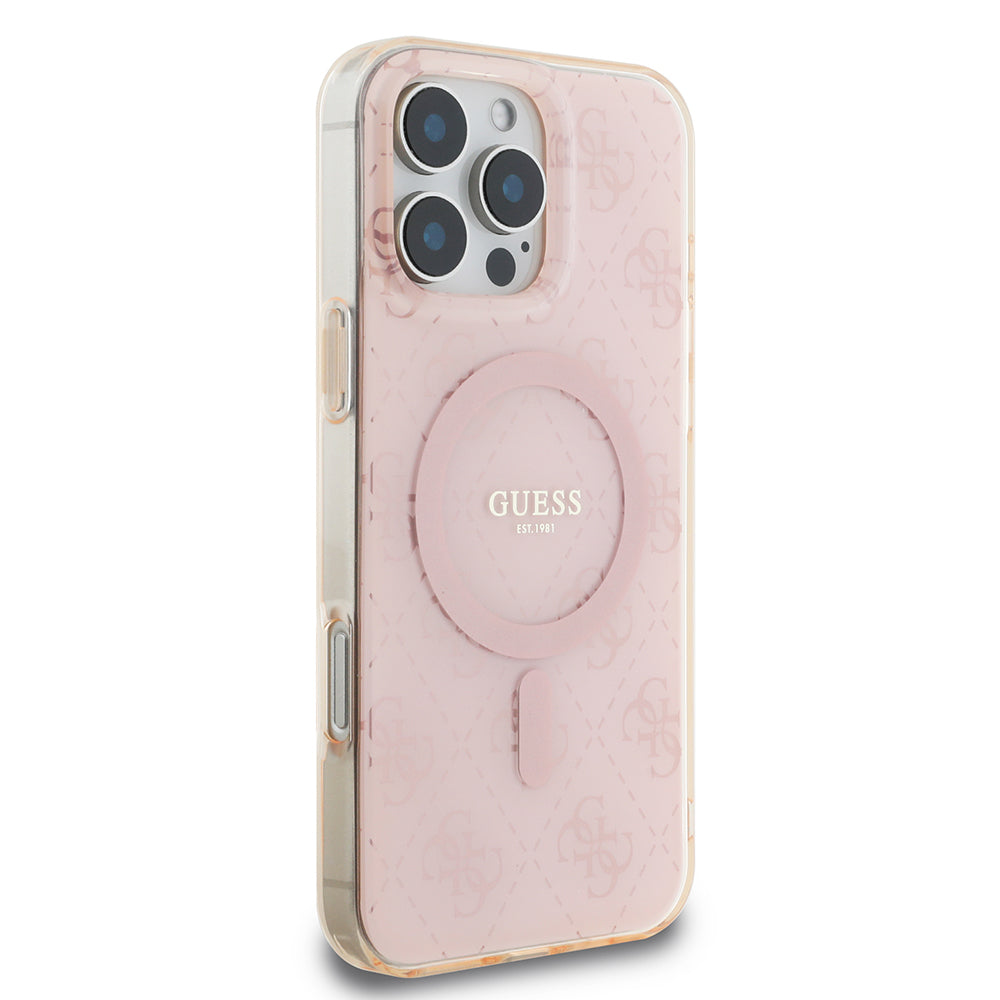 Apple iPhone 16 Pro Case Guess Original Licensed M-Safe Charging Feature IML Printed Classic Logo 4G Patterned Cover Pink