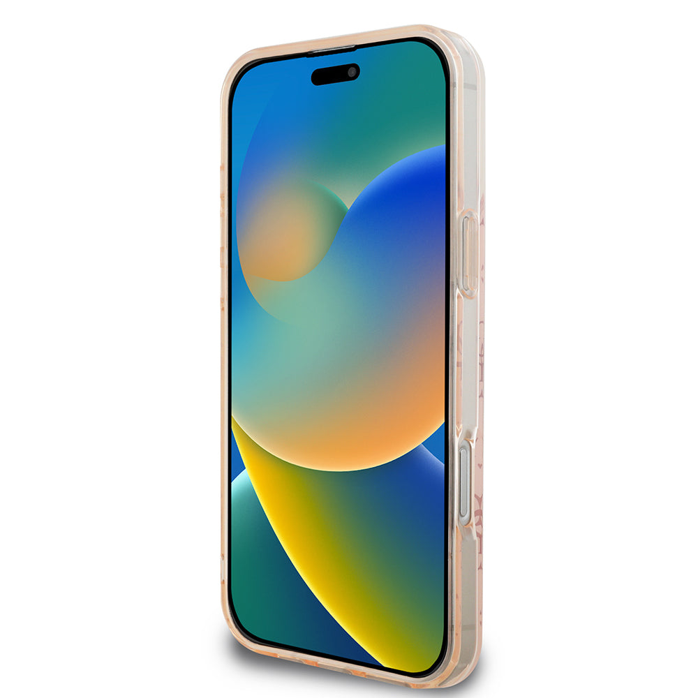 Apple iPhone 16 Pro Kılıf Guess Orjinal Lisanslı M-safe Şarj Özellikli IML Baskılı Klasik Logolu 4G Desenli Kapak Kahverengi