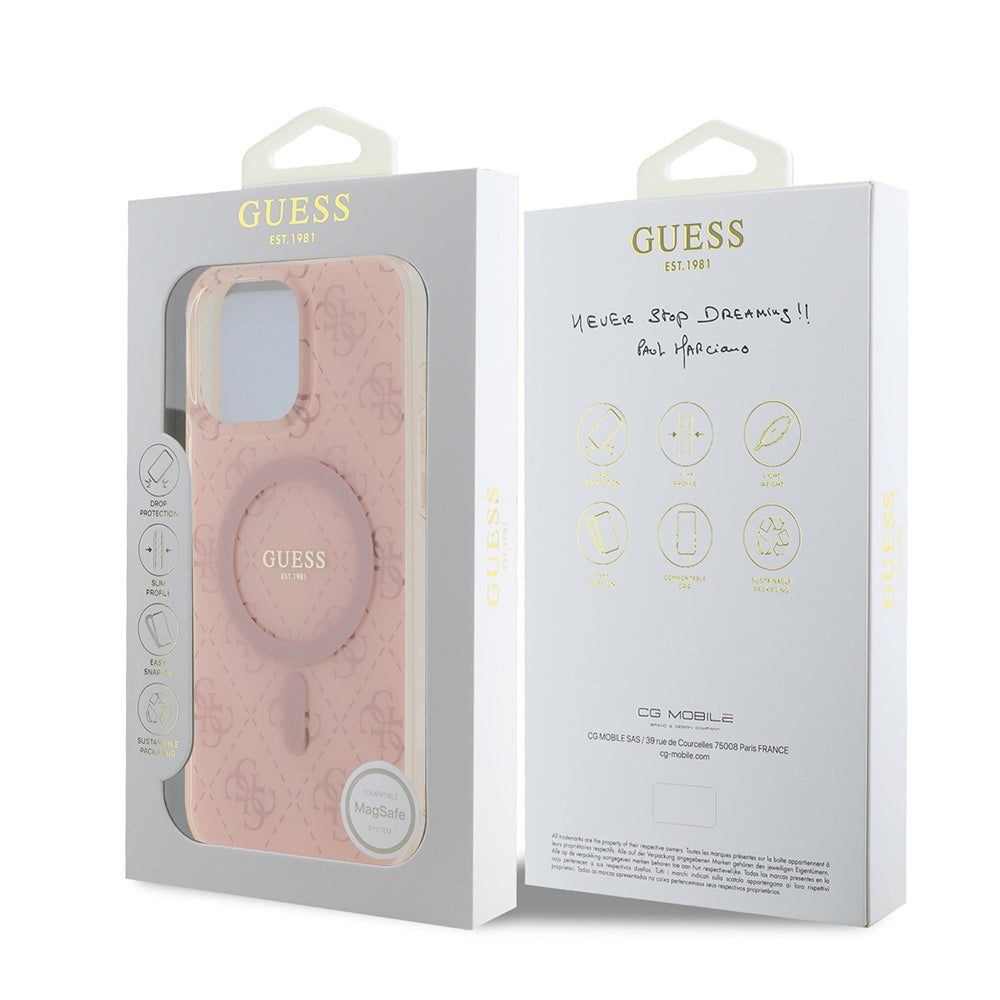 Apple iPhone 16 Pro Case Guess Original Licensed M-Safe Charging Feature IML Printed Classic Logo 4G Patterned Cover Pink