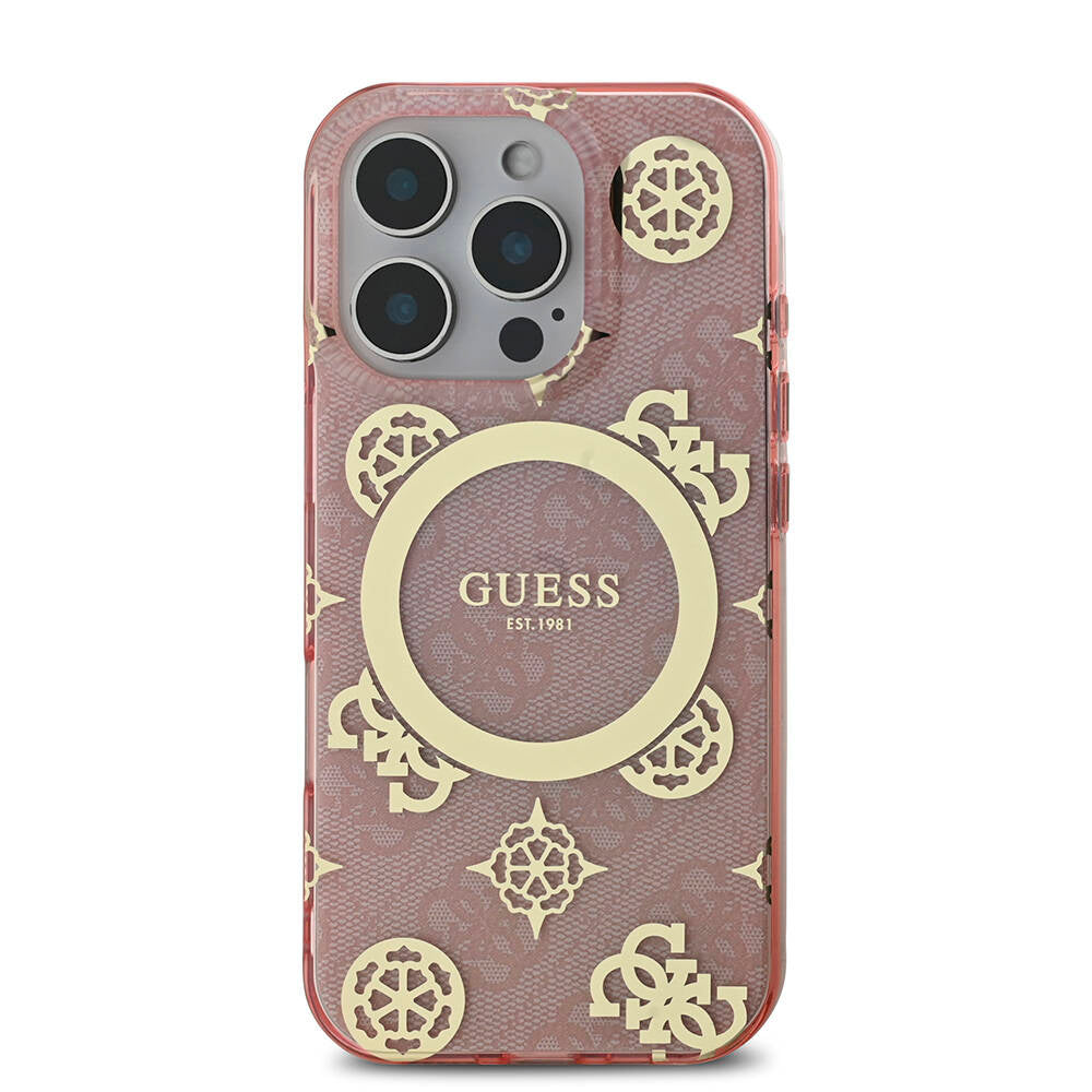 Apple iPhone 16 Pro Case Guess Original Licensed M-Safe Charging Feature IML Peony and 4G Patterned Classic Logo Cover Pink