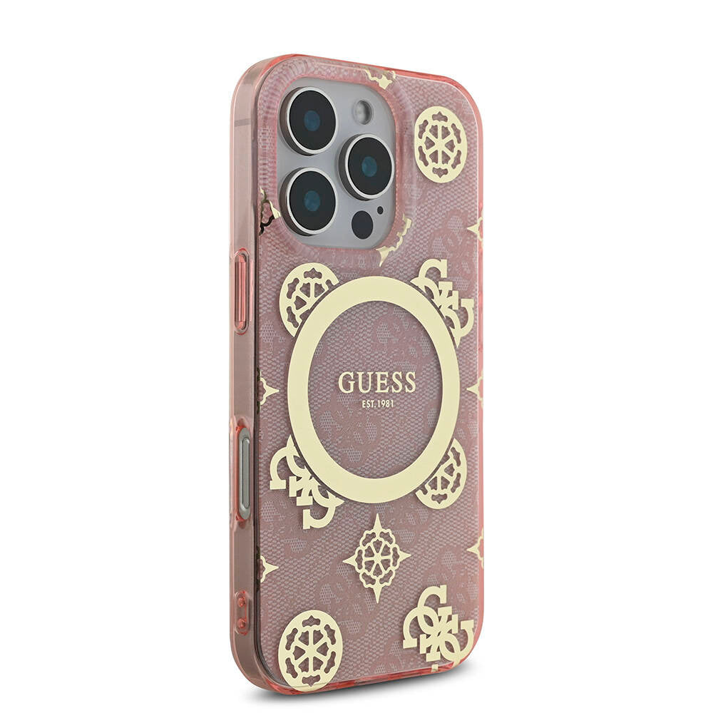 Apple iPhone 16 Pro Case Guess Original Licensed M-Safe Charging Feature IML Peony and 4G Patterned Classic Logo Cover Pink