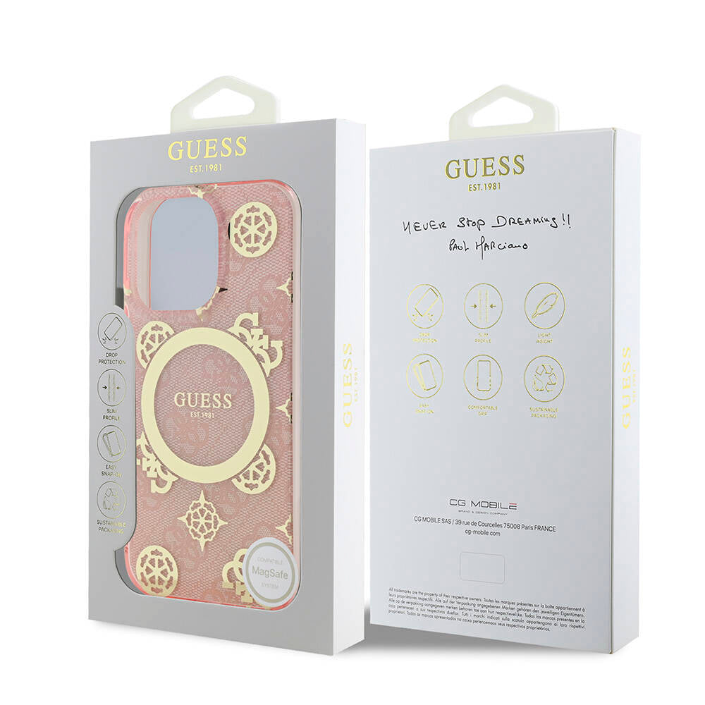 Apple iPhone 16 Pro Case Guess Original Licensed M-Safe Charging Feature IML Peony and 4G Patterned Classic Logo Cover Pink