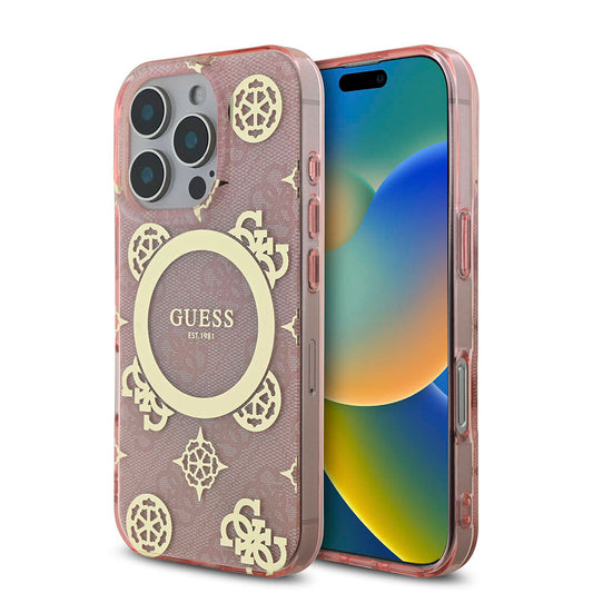 Apple iPhone 16 Pro Kılıf Guess Orjinal Lisanslı M-safe Şarj Özellikli IML Peony ve 4G Desenli Klasik Logolu Kapak Pembe