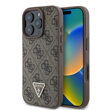 Apple iPhone 16 Pro Case Guess Original Licensed M-safe Charging Feature PU Leather 4G Patterned Stone Triangle Logo Cover Brown