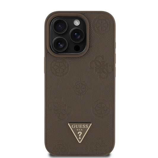 Apple iPhone 16 Pro Case Guess Original Licensed M-safe Charging Feature Hot Printed Triangle Logo PU Leather Peony Cover Brown