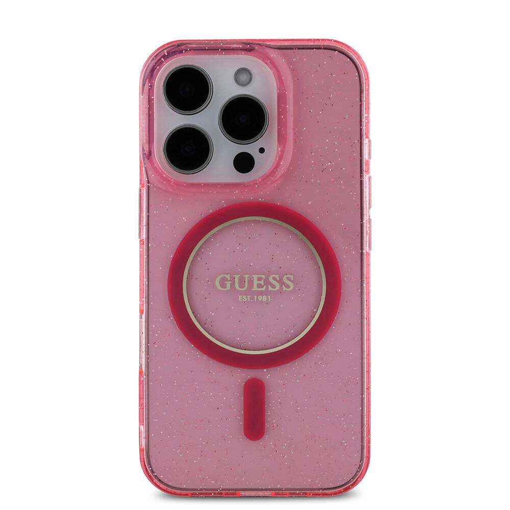 Apple iPhone 16 Pro Case Guess Original Licensed M-safe Charging Feature Glittery Silicone Pearl Bracelet Cover Transparent