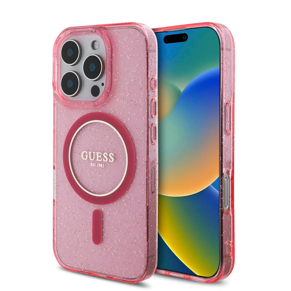 Apple iPhone 16 Pro Case Guess Original Licensed M-safe Charging Feature Glittery Silicone Pearl Bracelet Cover Transparent