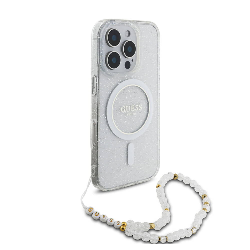 Apple iPhone 16 Pro Case Guess Original Licensed M-safe Charging Feature Glittery Silicone Pearl Bracelet Cover Transparent