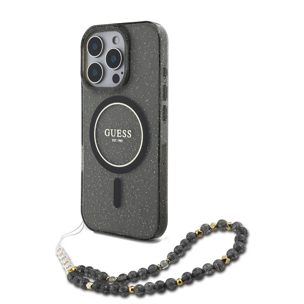 Apple iPhone 16 Pro Case Guess Original Licensed M-safe Charging Feature Glittery Silicone Pearl Bracelet Cover Black