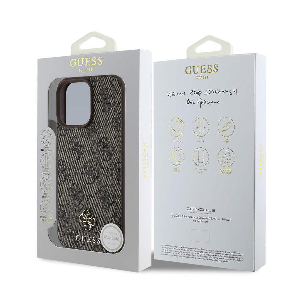 Apple iPhone 16 Pro Case Guess Original Licensed M-safe Charging Feature Small 4G Classic Cover Brown