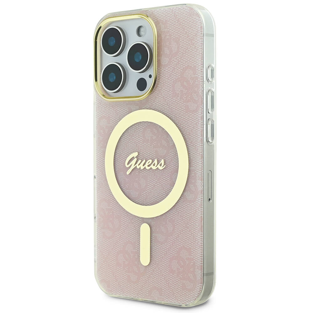 Apple iPhone 16 Pro Case Guess Original Licensed M-safe Charging Feature 4G Patterned Cover with Text Logo Pink