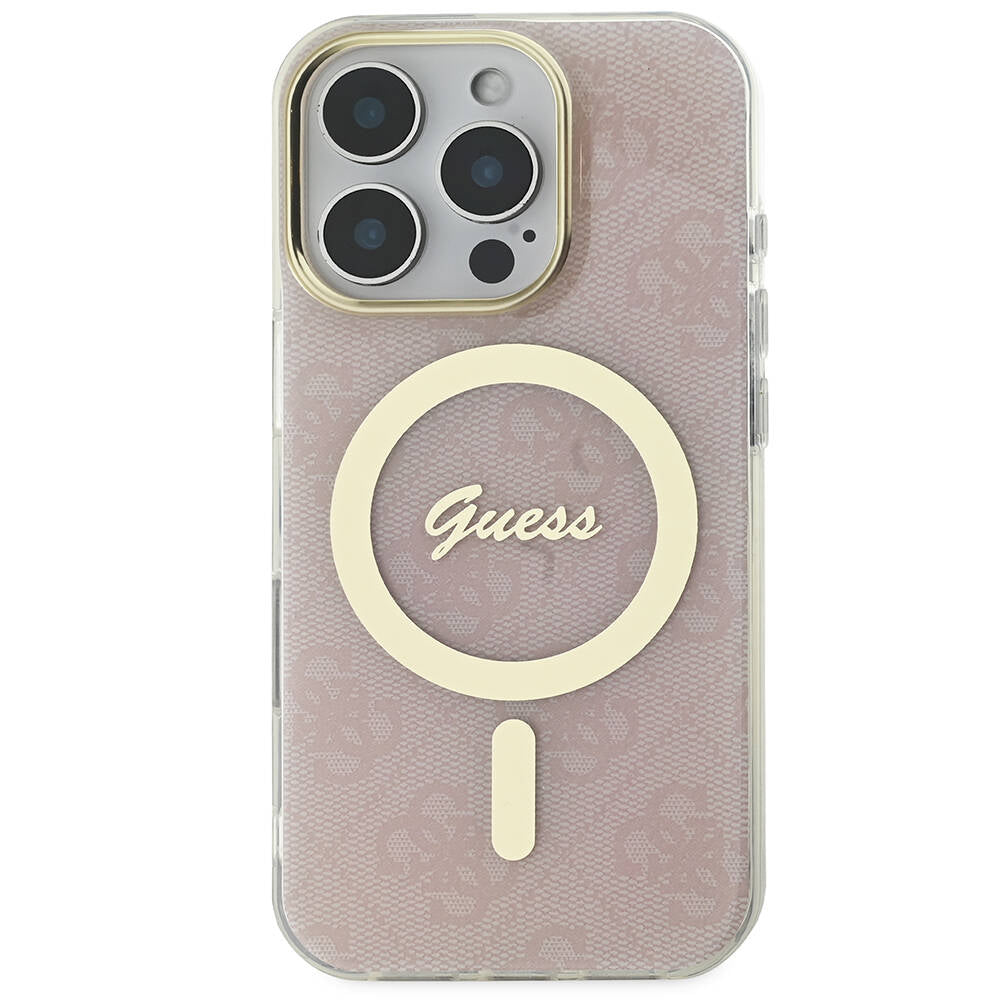 Apple iPhone 16 Pro Case Guess Original Licensed M-safe Charging Feature 4G Patterned Cover with Text Logo Pink