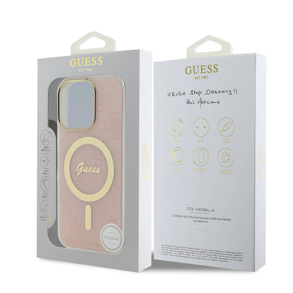 Apple iPhone 16 Pro Case Guess Original Licensed M-safe Charging Feature 4G Patterned Cover with Text Logo Pink