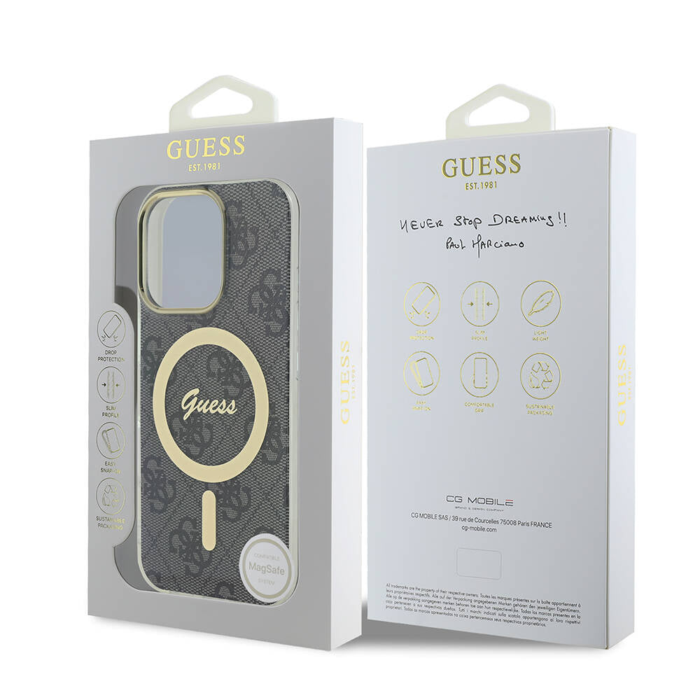 Apple iPhone 16 Pro Case Guess Original Licensed M-safe Charging Feature 4G Patterned Cover with Text Logo Brown