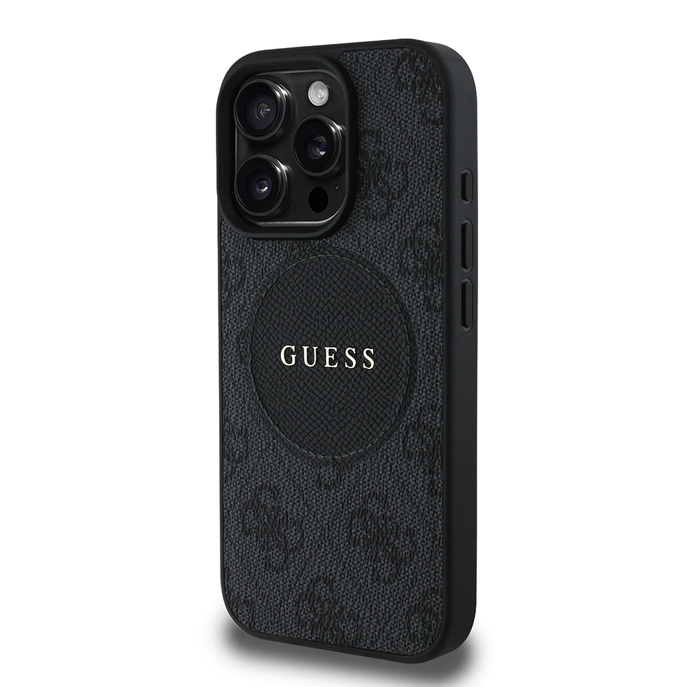 Apple iPhone 16 Pro Kılıf Guess Orjinal Lisanslı M-safe Şarj Özellikli Yazı Logolu Circle Classic Kapak Siyah