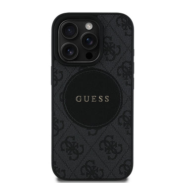 Apple iPhone 16 Pro Kılıf Guess Orjinal Lisanslı M-safe Şarj Özellikli Yazı Logolu Circle Classic Kapak Siyah