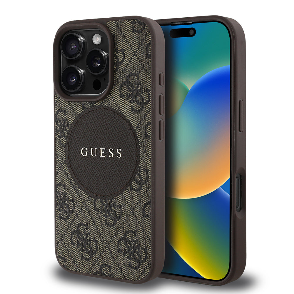 Apple iPhone 16 Pro Kılıf Guess Orjinal Lisanslı M-safe Şarj Özellikli Yazı Logolu Circle Classic Kapak Kahverengi