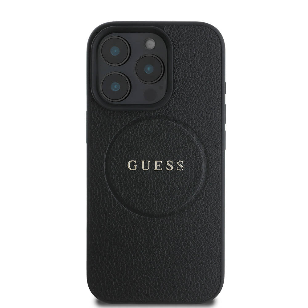 Apple iPhone 16 Pro Case Guess Original Licensed M-safe Charging Feature Grained Cover with Text Logo Black