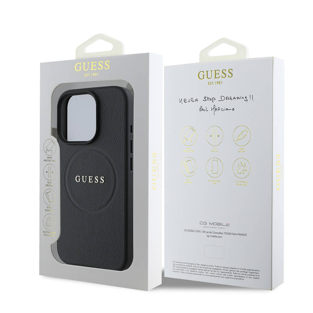 Apple iPhone 16 Pro Case Guess Original Licensed M-Safe Charging Feature Grained Cover Green with Text Logo
