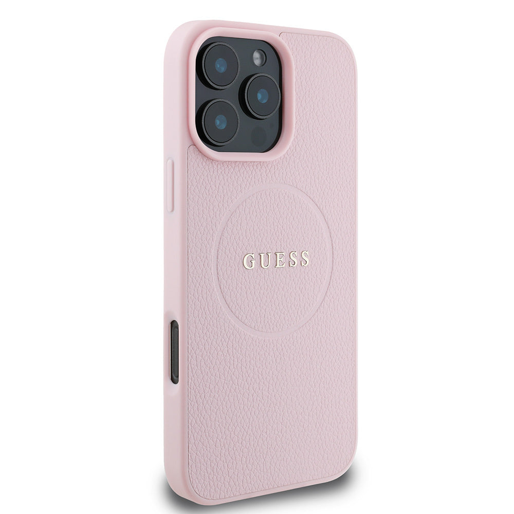 Apple iPhone 16 Pro Case Guess Original Licensed M-safe Charging Feature Grained Cover Pink with Text Logo