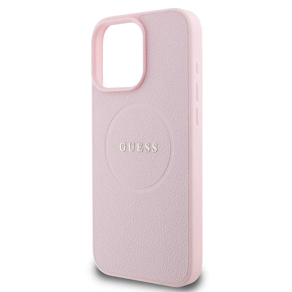 Apple iPhone 16 Pro Case Guess Original Licensed M-Safe Charging Feature Grained Cover Green with Text Logo