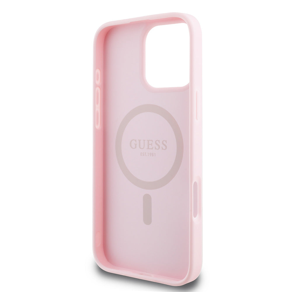 Apple iPhone 16 Pro Case Guess Original Licensed M-safe Charging Feature Grained Cover Pink with Text Logo
