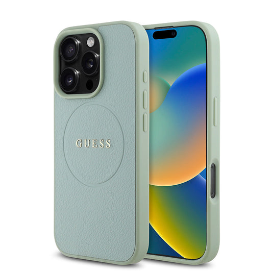 Apple iPhone 16 Pro Case Guess Original Licensed M-Safe Charging Feature Grained Cover Green with Text Logo