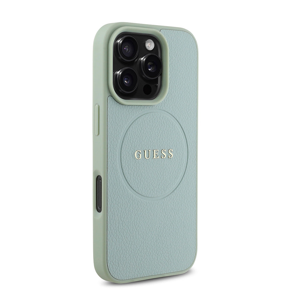 Apple iPhone 16 Pro Case Guess Original Licensed M-safe Charging Feature Grained Cover Pink with Text Logo