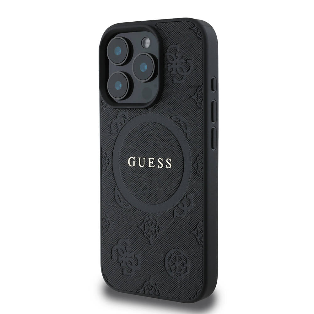 Apple iPhone 16 Pro Case Guess Original Licensed M-safe Charging Feature Text Logo Saffiano Peony Cover Black