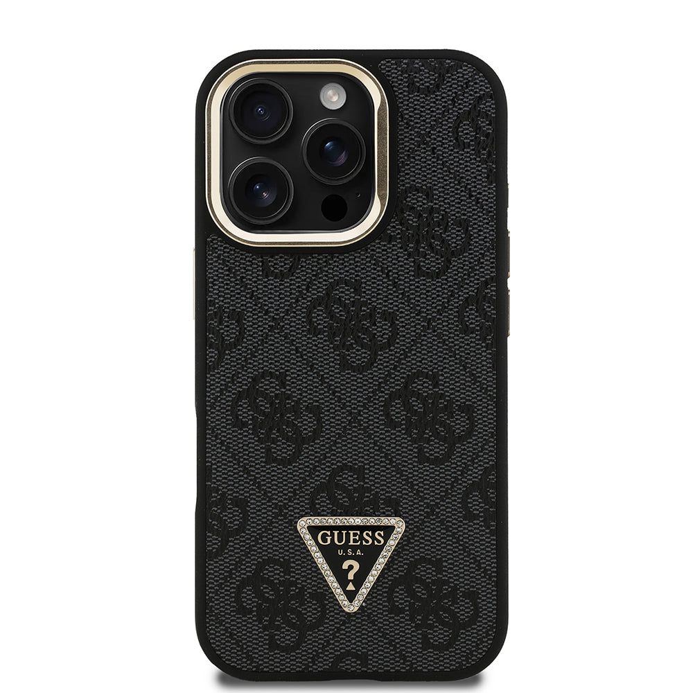 Apple iPhone 16 Pro Case Guess Original Licensed PU Leather Stone Triangle Logo 4G Patterned Camera Stand Cover Brown