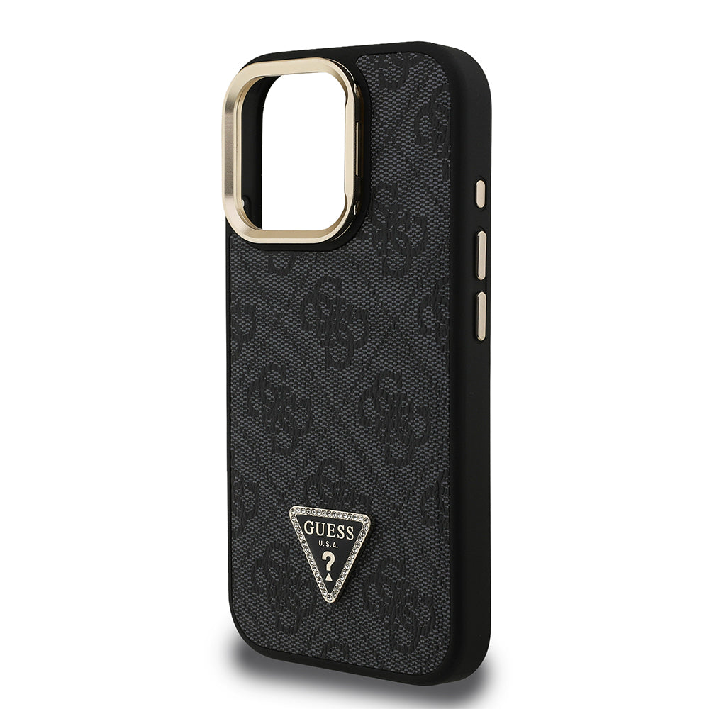 Apple iPhone 16 Pro Case Guess Original Licensed PU Leather Stone Triangle Logo 4G Patterned Camera Stand Cover Brown