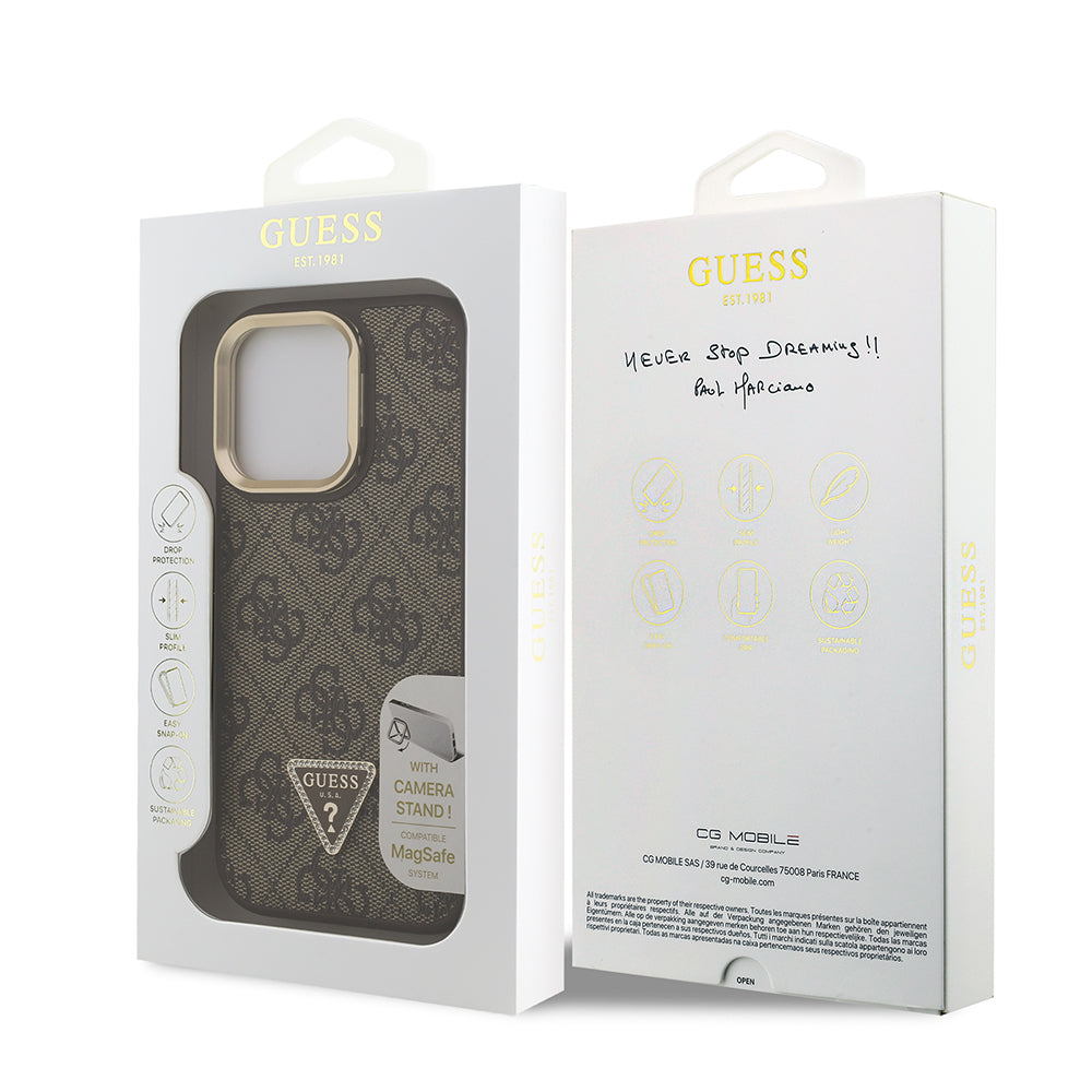 Apple iPhone 16 Pro Kılıf Guess Orjinal Lisanslı PU Deri Taşlı Üçgen Logo 4G Desenli Kamera Standlı Kapak Kahverengi