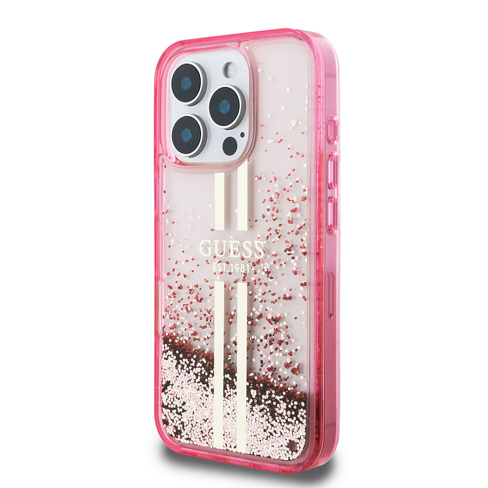 Apple iPhone 16 Pro Case Guess Original Licensed Transparent Liquid Glitter Gold Striped Cover Pink