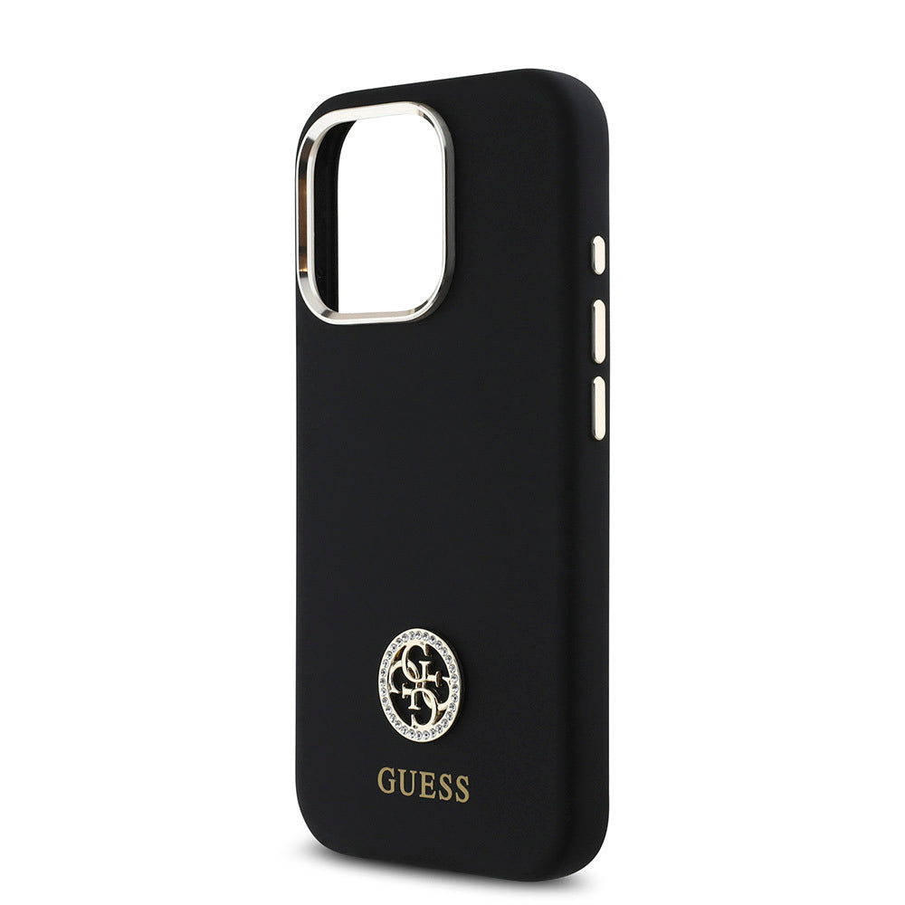 Apple iPhone 16 Pro Case Guess Original Licensed Writing and Stone 4G Logo Metal Camera Frame Silicone Cover Black