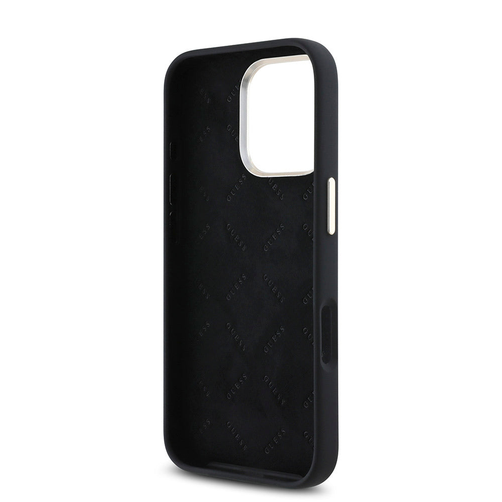 Apple iPhone 16 Pro Case Guess Original Licensed Writing and Stone 4G Logo Metal Camera Frame Silicone Cover Black