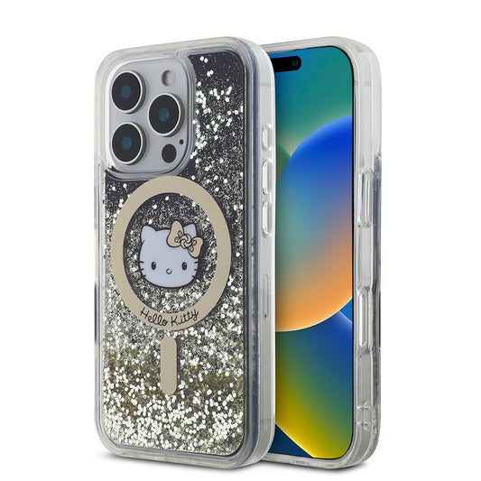 Apple iPhone 16 Pro Kılıf Hello Kitty Orjinal Lisanslı M-safe Şarj Özellikli IML Baskı Kitty Head Logolu Sıvılı Simli Altın Ateşi Kapak Siyah
