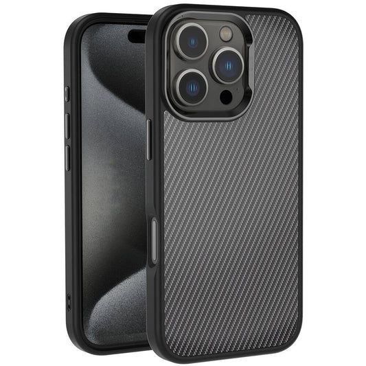 Apple iPhone 16 Pro Case Carbon Fiber Look Shiny Camera Frame Zore Venus Cover Black