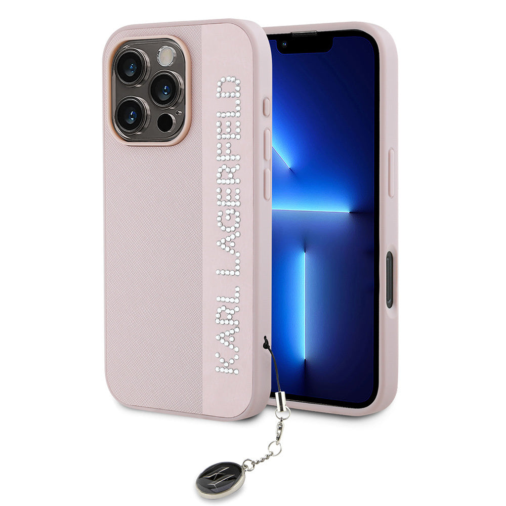 Apple iPhone 16 Pro Case Karl Lagerfeld Original Licensed Keychain Stoned KL Written Saffiano Rhinestones Cover Pink