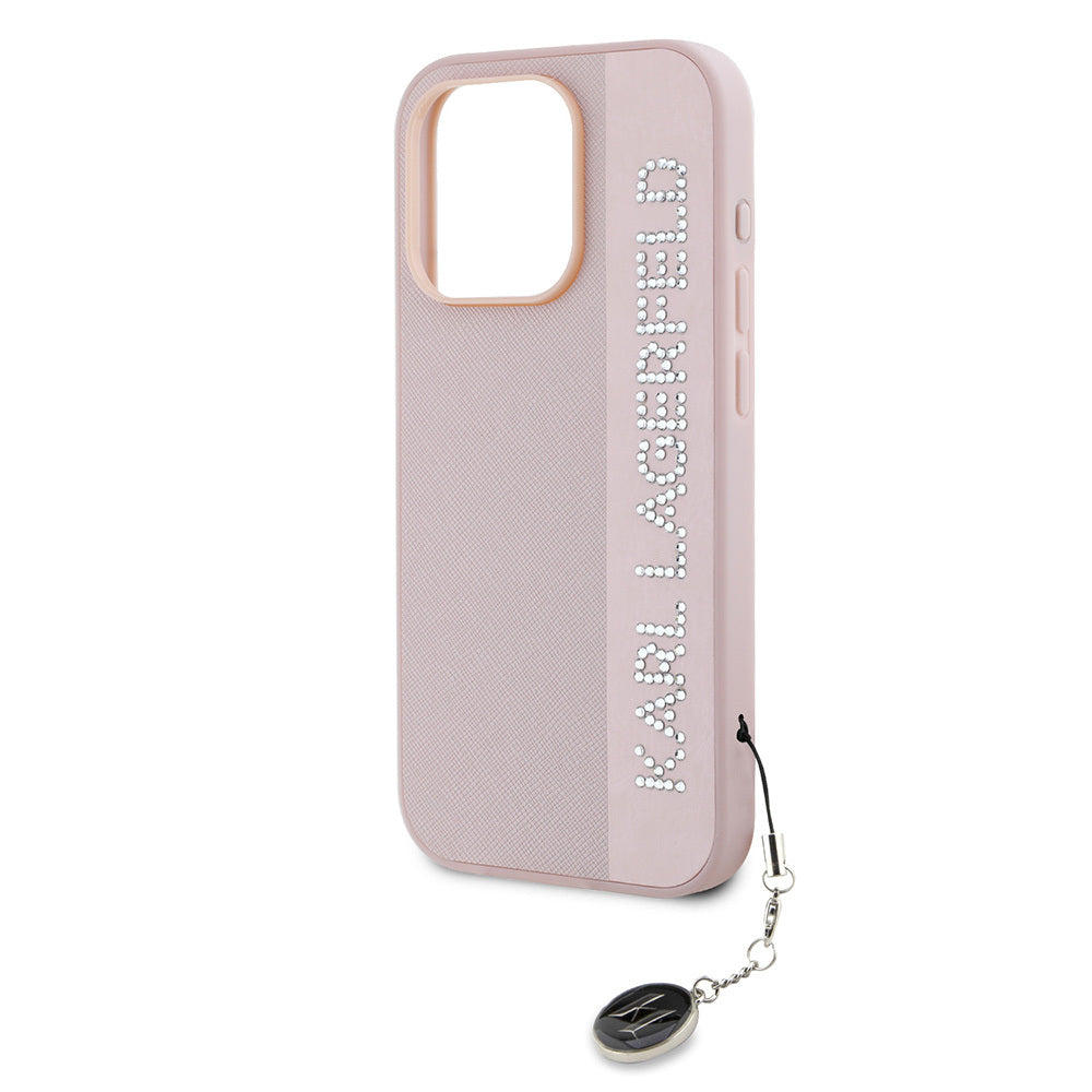 Apple iPhone 16 Pro Case Karl Lagerfeld Original Licensed Keychain Stoned KL Written Saffiano Rhinestones Cover Black
